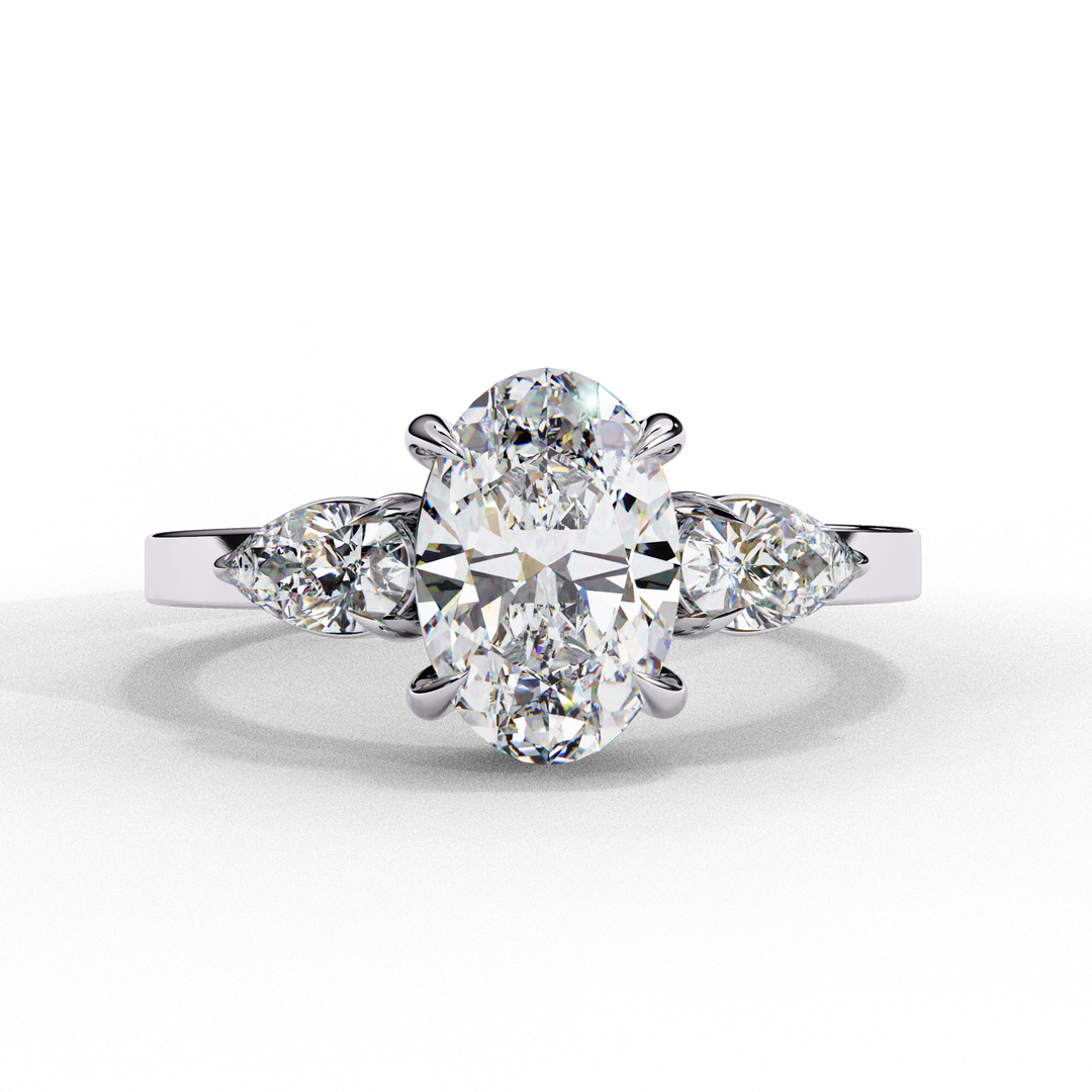 Oval Cut Moissanite Engagement Ring with Pear Side Stones