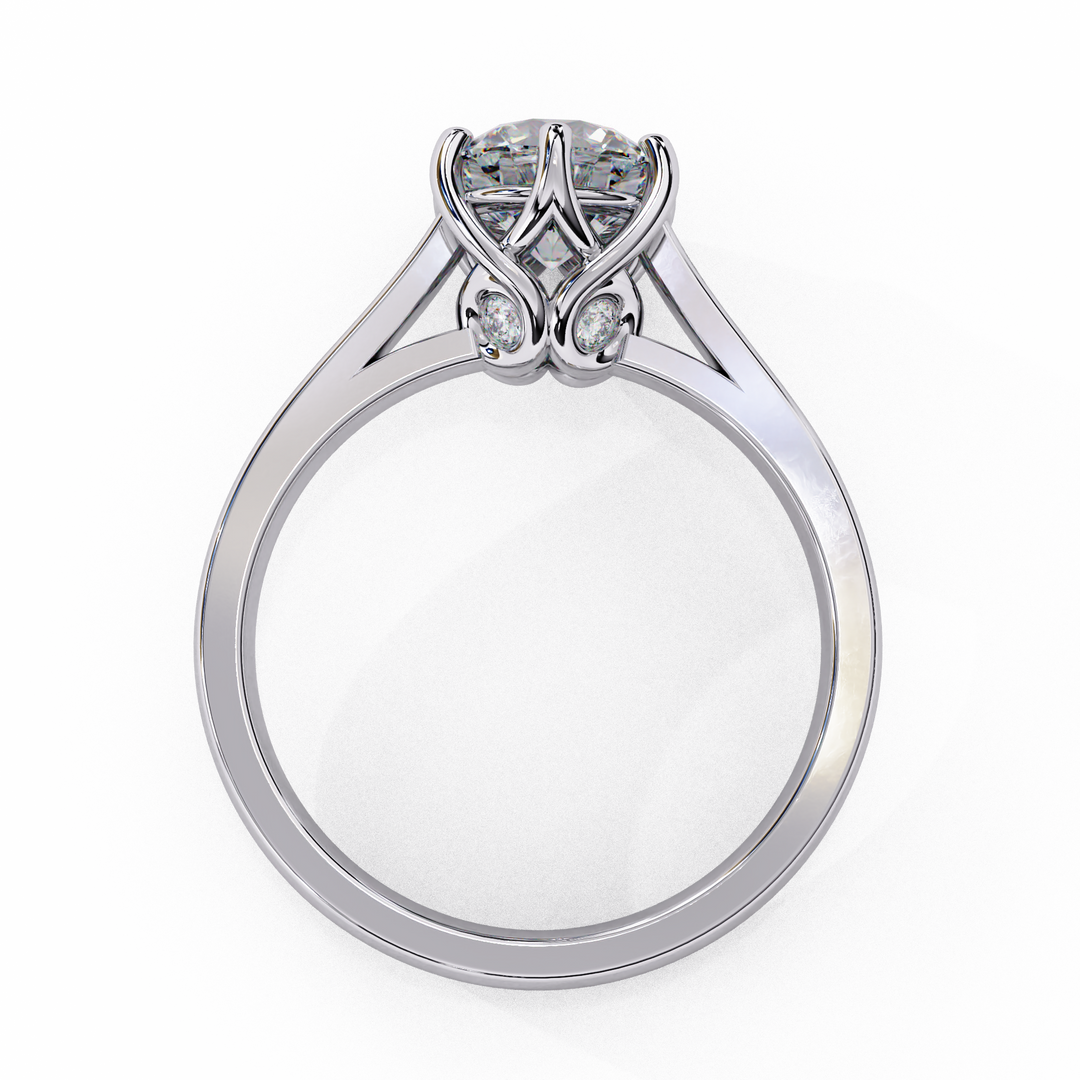 Round Cut Moissanite Engagement Ring | Vintage Six Prong Solitaire with Hidden Accents | 18K Gold & Platinum Bridal Ring