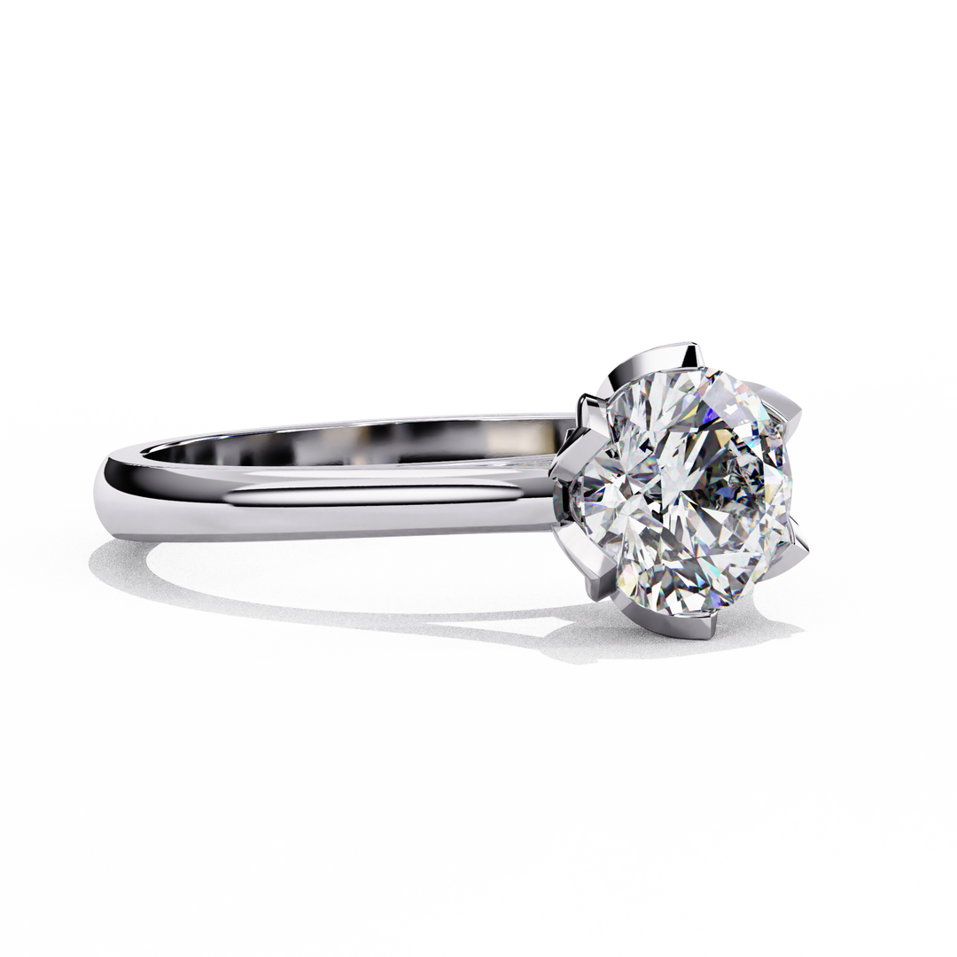 Round Cut Moissanite Engagement Ring | Six Prong Solitaire with Hidden Diamond Accents