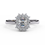 Load image into Gallery viewer, Radiant Cut Moissanite Engagement Ring with Starburst Halo
