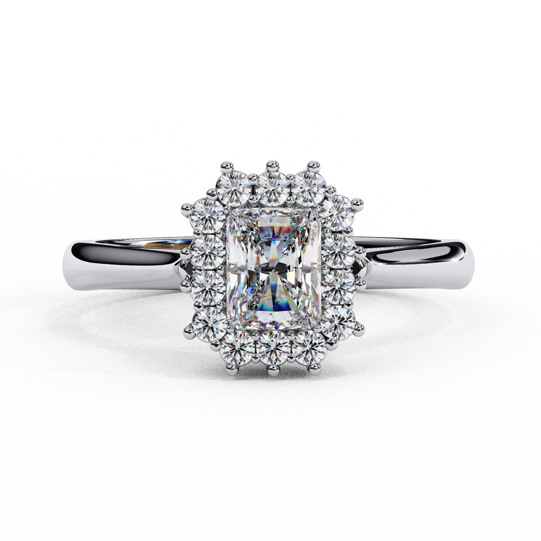 Radiant Cut Moissanite Engagement Ring with Starburst Halo