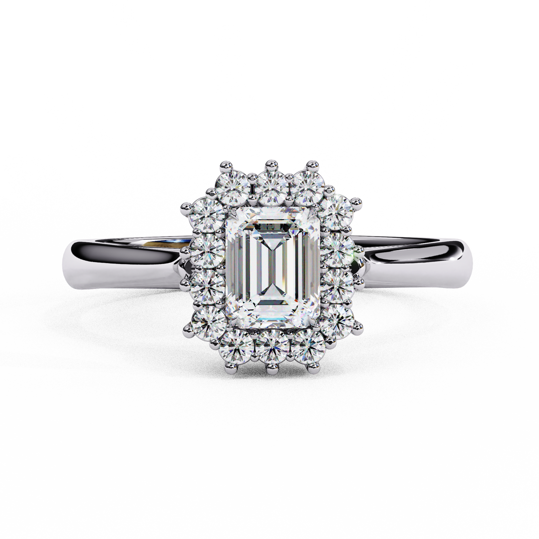 Emerald Cut Moissanite Engagement Ring with Starburst Halo
