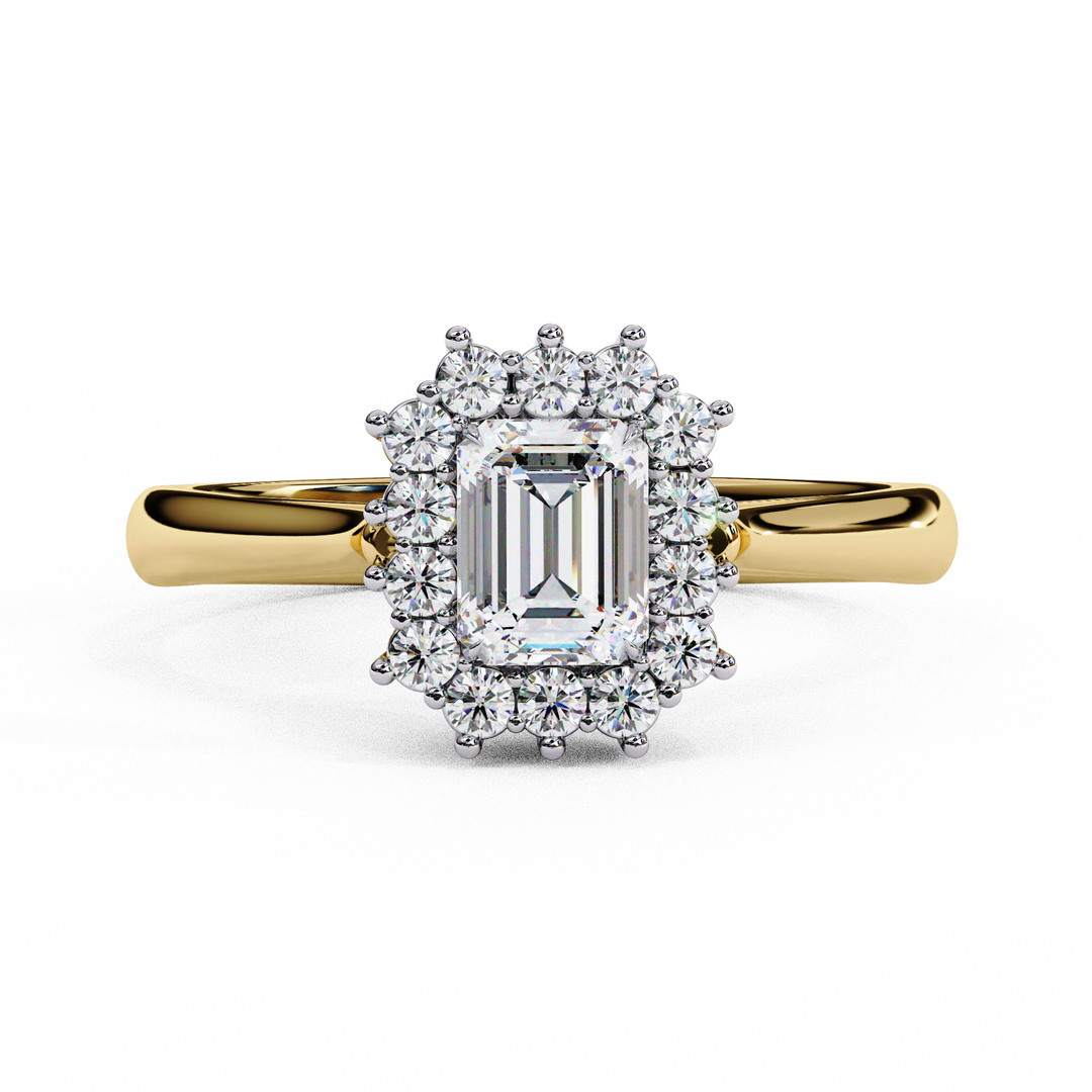 Emerald Cut Moissanite Engagement Ring with Starburst Halo