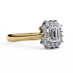 Load image into Gallery viewer, Emerald Cut Moissanite Engagement Ring with Starburst Halo
