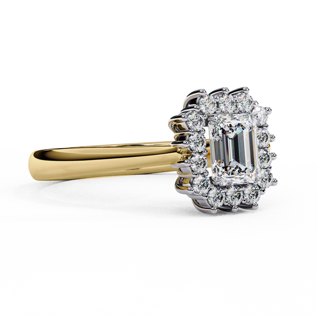 Emerald Cut Moissanite Engagement Ring with Starburst Halo