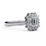 Load image into Gallery viewer, Emerald Cut Moissanite Engagement Ring with Starburst Halo
