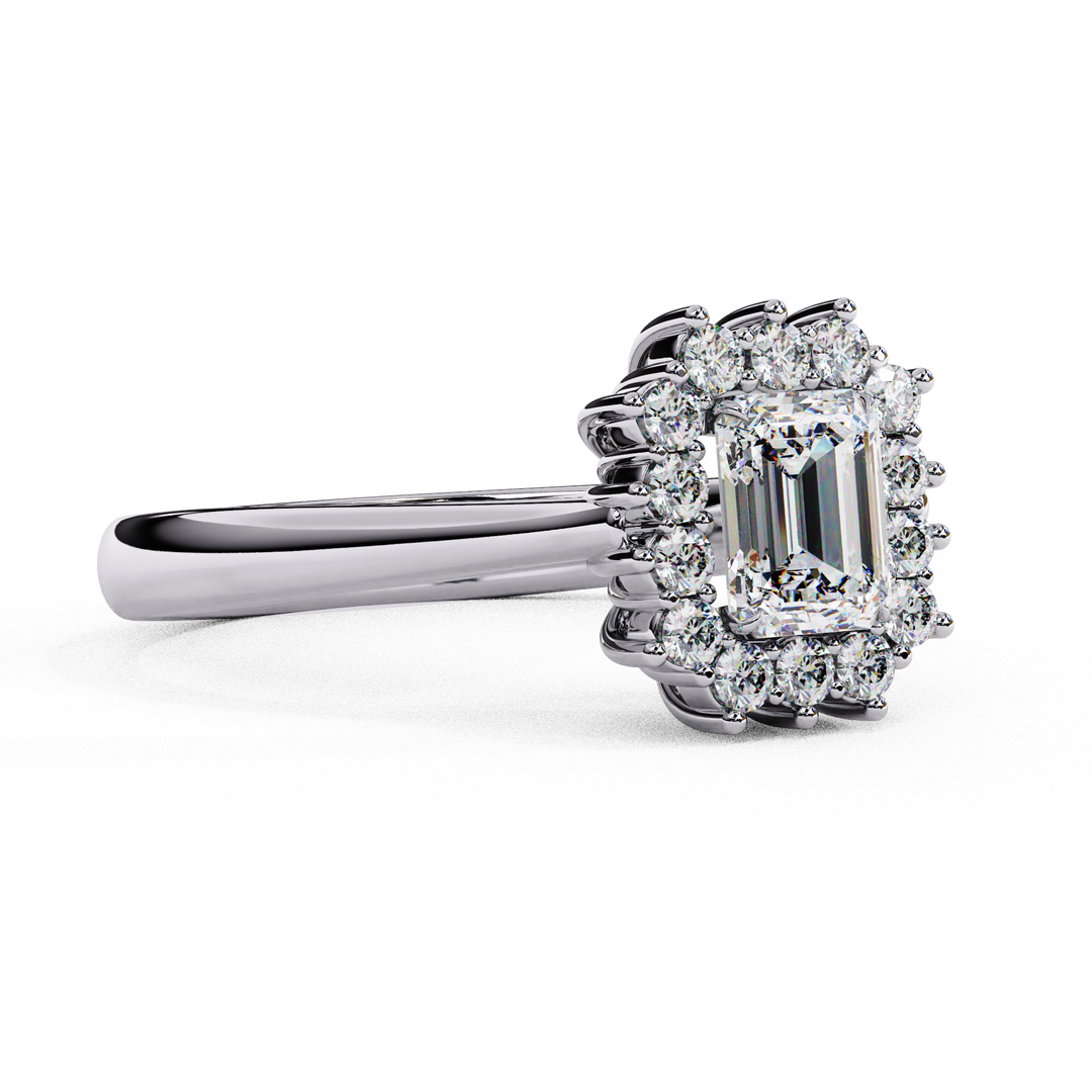 Emerald Cut Moissanite Engagement Ring with Starburst Halo