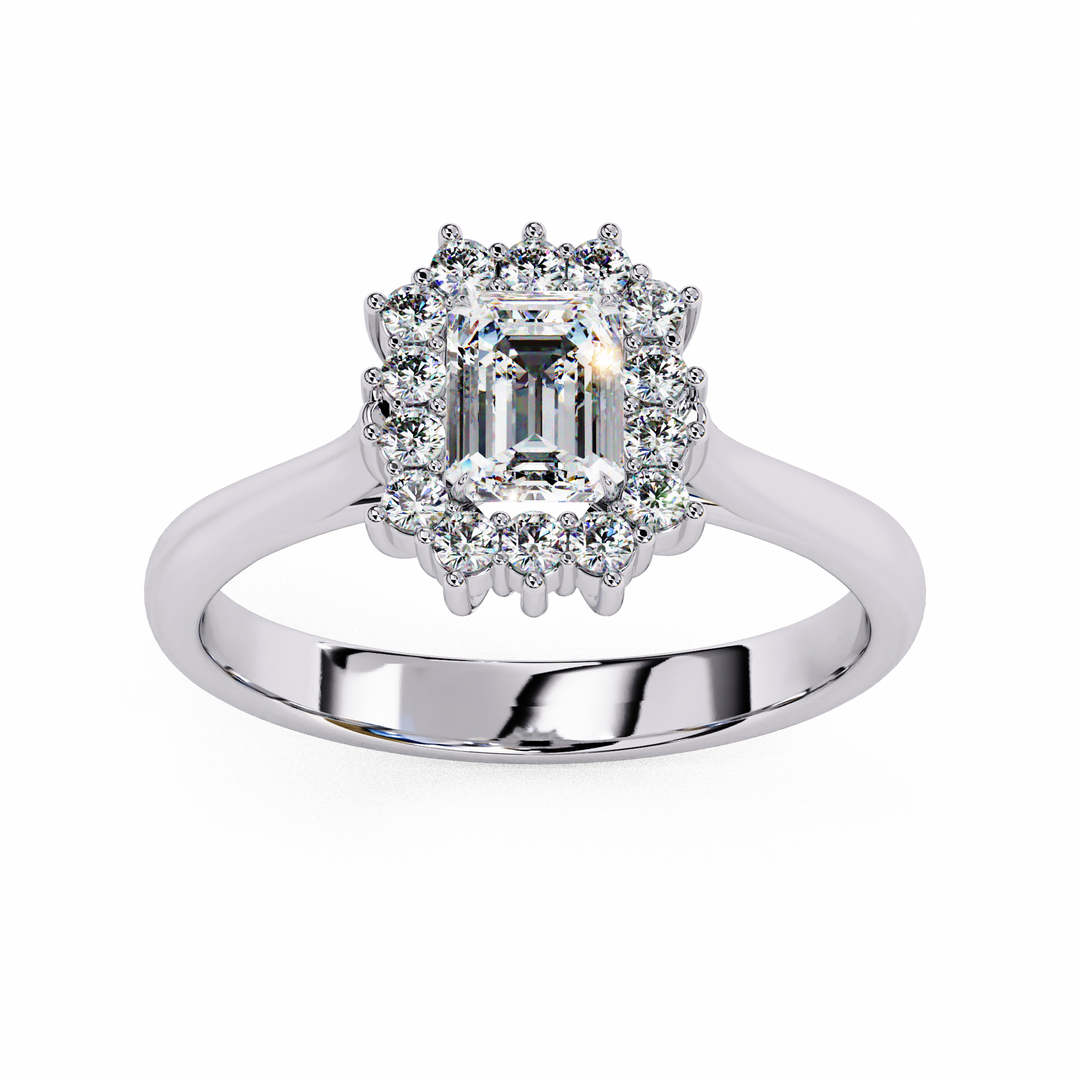 Emerald Cut Moissanite Engagement Ring with Starburst Halo