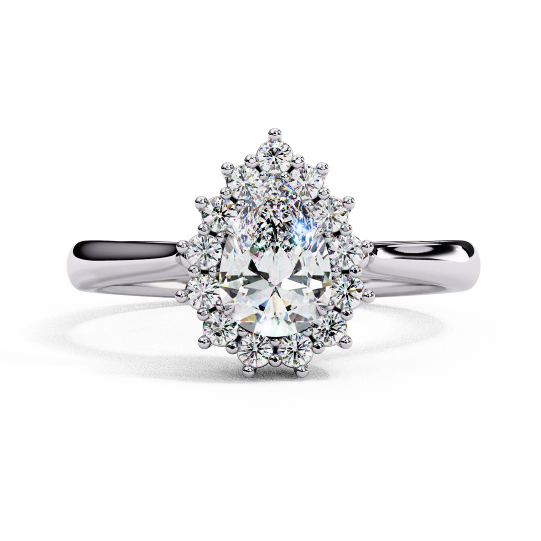 Pear Cut Lab Grown Diamond Engagement Ring With Starburst Halo
