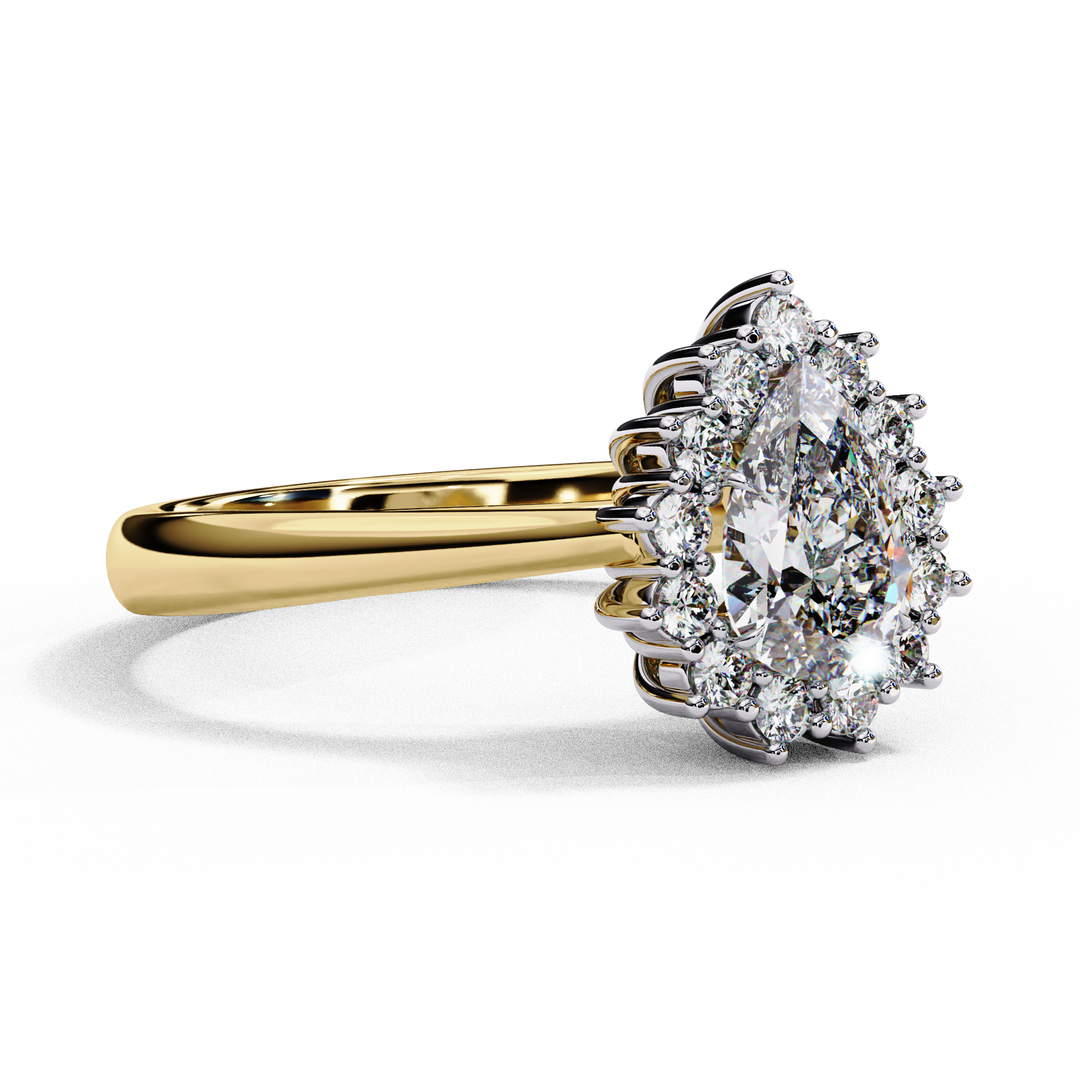 Pear Cut Lab Grown Diamond Engagement Ring With Starburst Halo