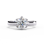 Load image into Gallery viewer, Round Cut Moissanite Engagement Ring | Vintage Six Prong Solitaire with Hidden Accents | 18K Gold &amp; Platinum Bridal Ring
