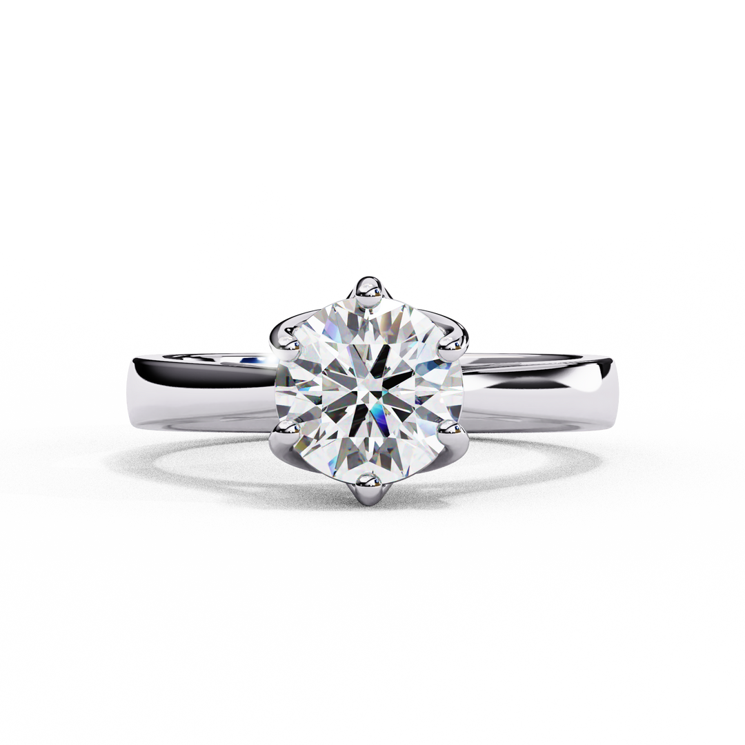Round Cut Moissanite Engagement Ring | Vintage Six Prong Solitaire with Hidden Accents | 18K Gold & Platinum Bridal Ring