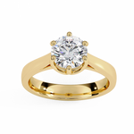 Load image into Gallery viewer, Round Cut Moissanite Engagement Ring | Vintage Six Prong Solitaire with Hidden Accents | 18K Gold &amp; Platinum Bridal Ring

