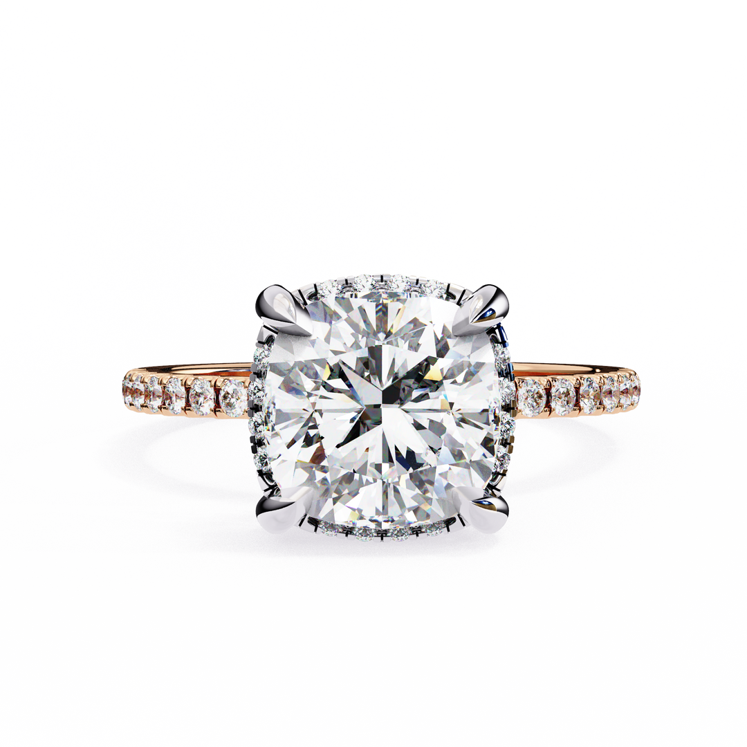 Cushion Cut Moissanite Engagement Ring with Hidden Halo | Rose Gold Solitaire | Ethical & Affordable Luxury Pave Band