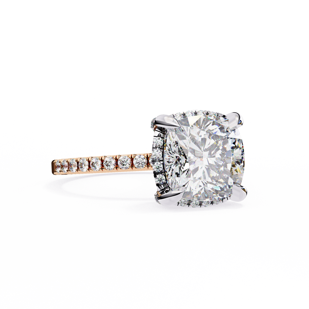 Cushion Cut Moissanite Engagement Ring with Hidden Halo | Rose Gold Solitaire | Ethical & Affordable Luxury Pave Band