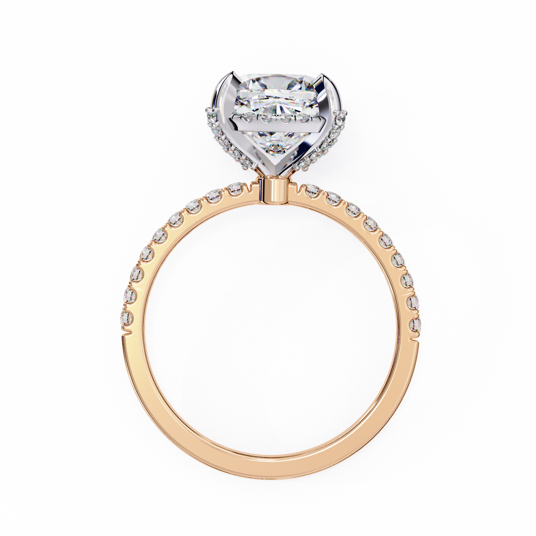 Cushion Cut Moissanite Engagement Ring with Hidden Halo | Rose Gold Solitaire | Ethical & Affordable Luxury Pave Band