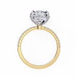 Load image into Gallery viewer, Cushion Cut Moissanite Engagement Ring with Hidden Halo | Rose Gold Solitaire | Ethical &amp; Affordable Luxury Pave Band