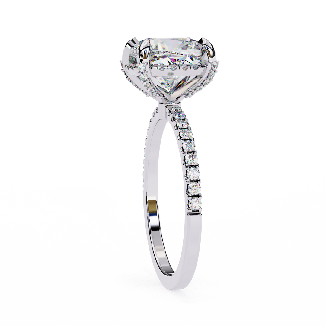 Cushion Cut Moissanite Engagement Ring with Hidden Halo | Rose Gold Solitaire | Ethical & Affordable Luxury Pave Band