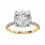 Load image into Gallery viewer, Cushion Cut Moissanite Engagement Ring with Hidden Halo | Rose Gold Solitaire | Ethical &amp; Affordable Luxury Pave Band
