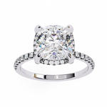 Load image into Gallery viewer, Cushion Cut Moissanite Engagement Ring with Hidden Halo | Rose Gold Solitaire | Ethical &amp; Affordable Luxury Pave Band