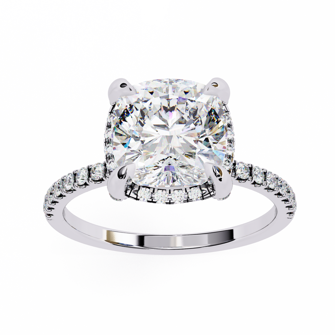 Cushion Cut Moissanite Engagement Ring with Hidden Halo | Rose Gold Solitaire | Ethical & Affordable Luxury Pave Band