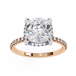 Load image into Gallery viewer, Cushion Cut Moissanite Engagement Ring with Hidden Halo | Rose Gold Solitaire | Ethical &amp; Affordable Luxury Pave Band