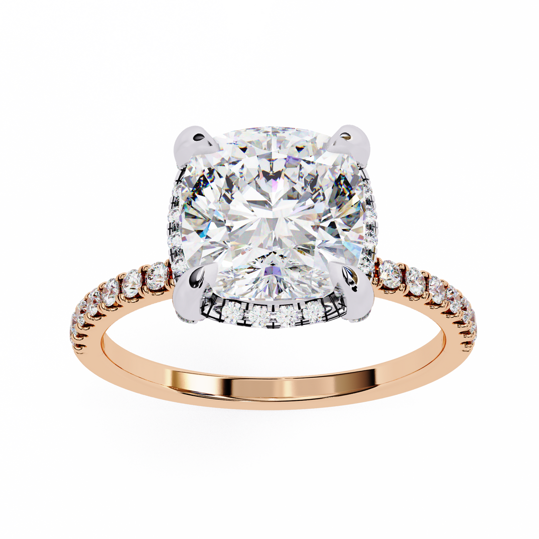 Cushion Cut Moissanite Engagement Ring with Hidden Halo | Rose Gold Solitaire | Ethical & Affordable Luxury Pave Band