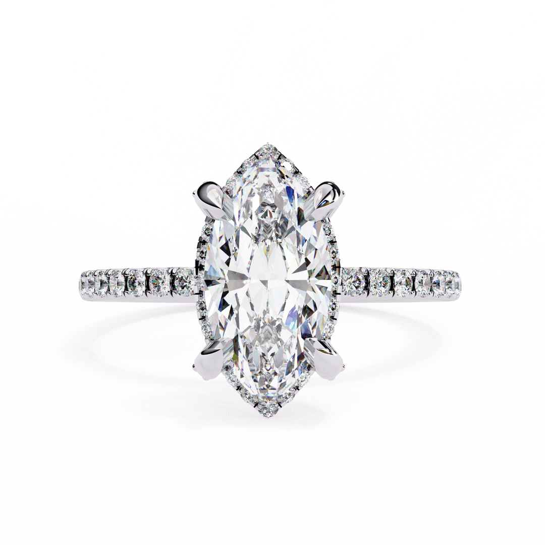 Marquise Cut Moissanite Engagement Ring, Hidden Halo Moissanite Ring, 18K Yellow Gold Pavé Band