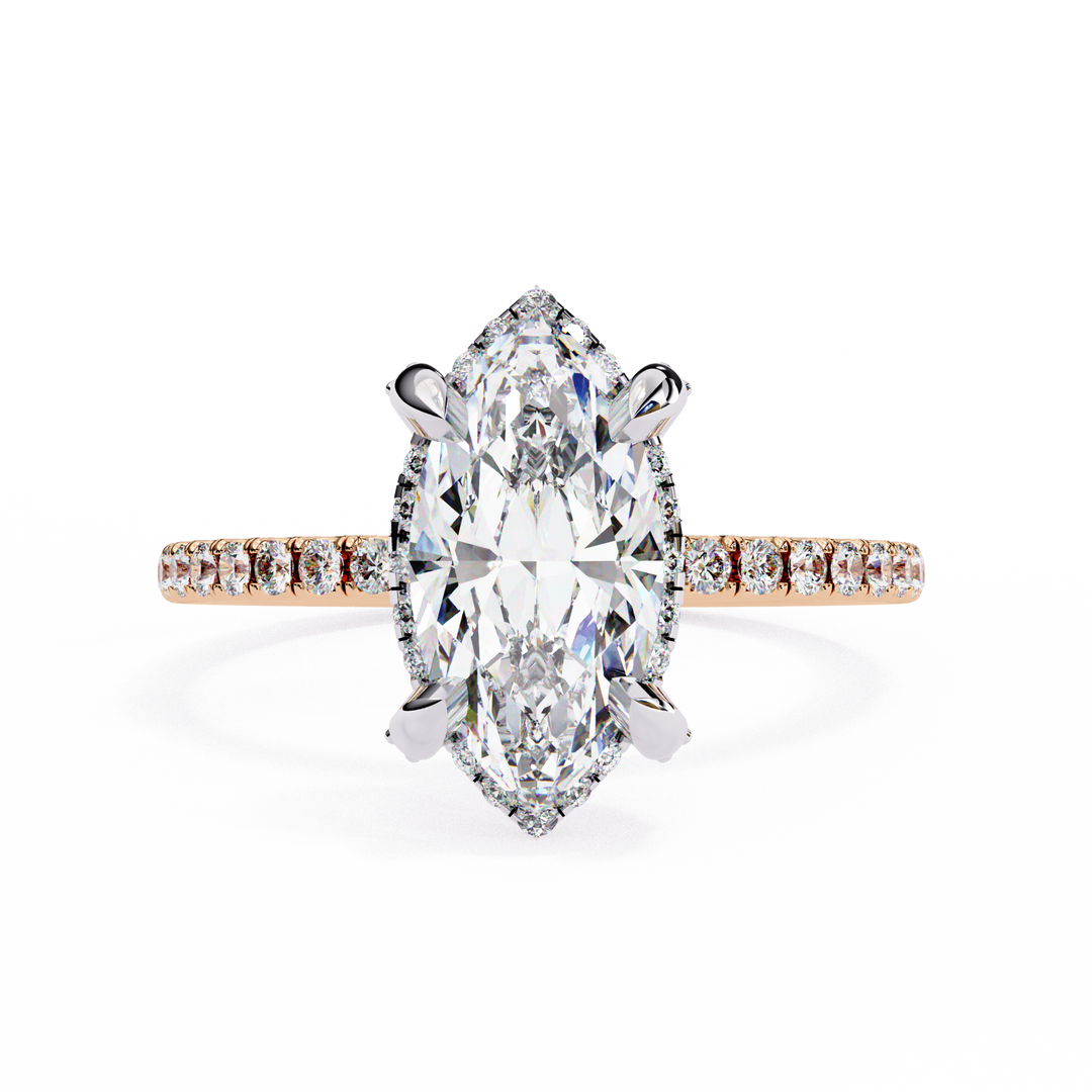 Marquise Cut Moissanite Engagement Ring, Hidden Halo Moissanite Ring, 18K Yellow Gold Pavé Band