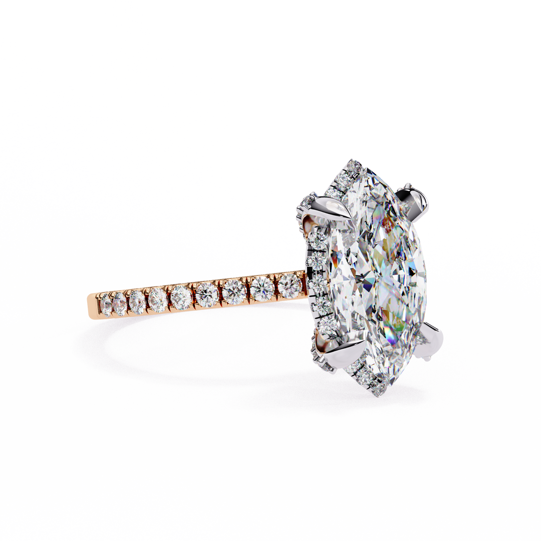 Marquise Cut Moissanite Engagement Ring, Hidden Halo Moissanite Ring, 18K Yellow Gold Pavé Band