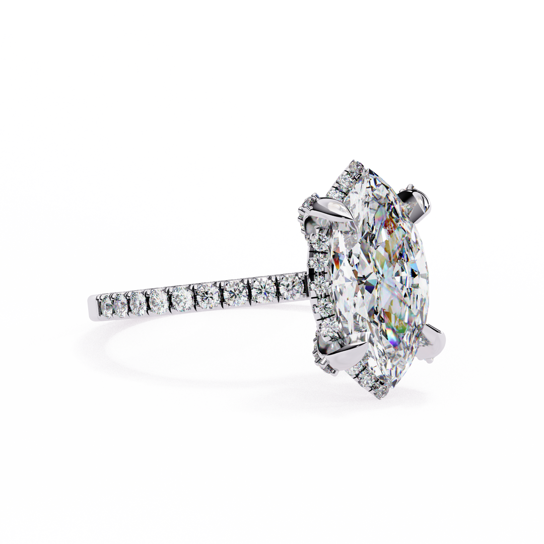 Marquise Cut Moissanite Engagement Ring, Hidden Halo Moissanite Ring, 18K Yellow Gold Pavé Band