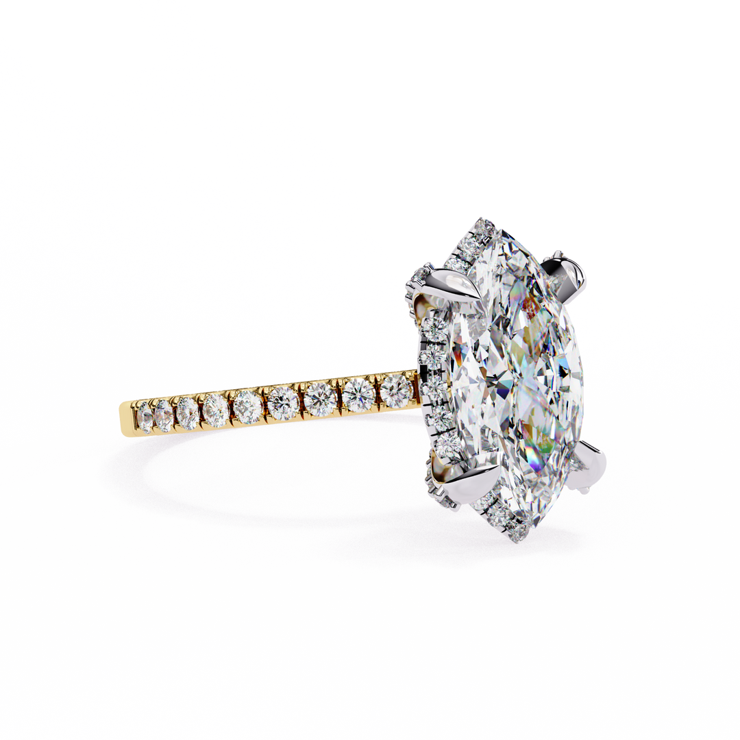 Marquise Cut Moissanite Engagement Ring, Hidden Halo Moissanite Ring, 18K Yellow Gold Pavé Band