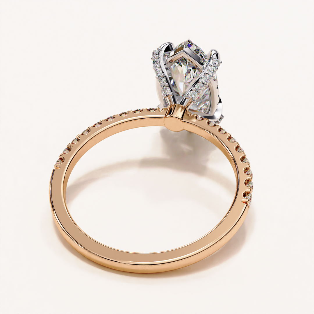 Marquise Cut Moissanite Engagement Ring, Hidden Halo Moissanite Ring, 18K Yellow Gold Pavé Band