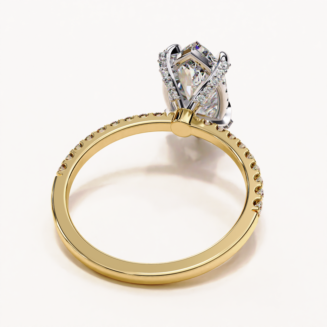 Marquise Cut Moissanite Engagement Ring, Hidden Halo Moissanite Ring, 18K Yellow Gold Pavé Band