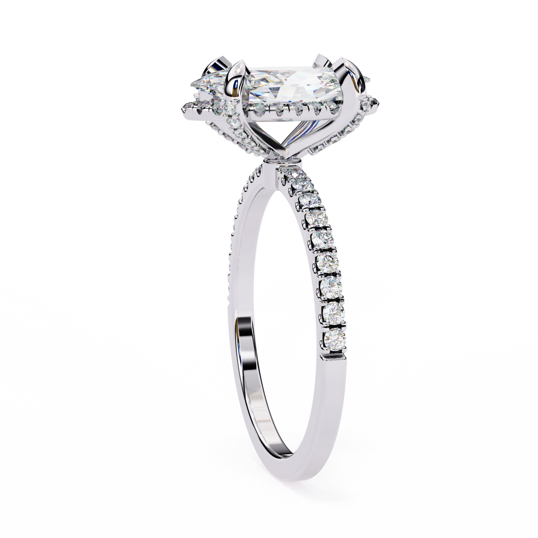 Marquise Cut Moissanite Engagement Ring, Hidden Halo Moissanite Ring, 18K Yellow Gold Pavé Band
