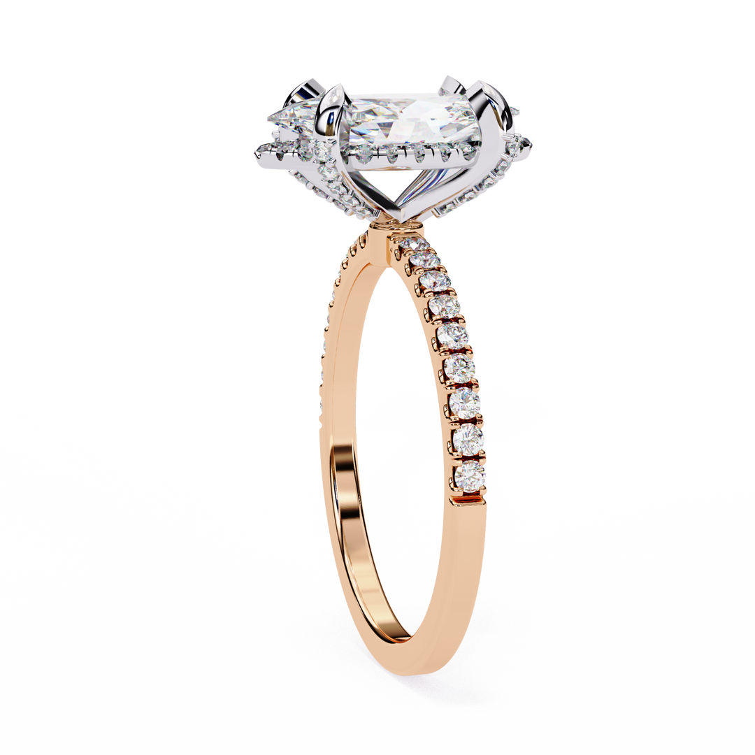 Marquise Cut Moissanite Engagement Ring, Hidden Halo Moissanite Ring, 18K Yellow Gold Pavé Band