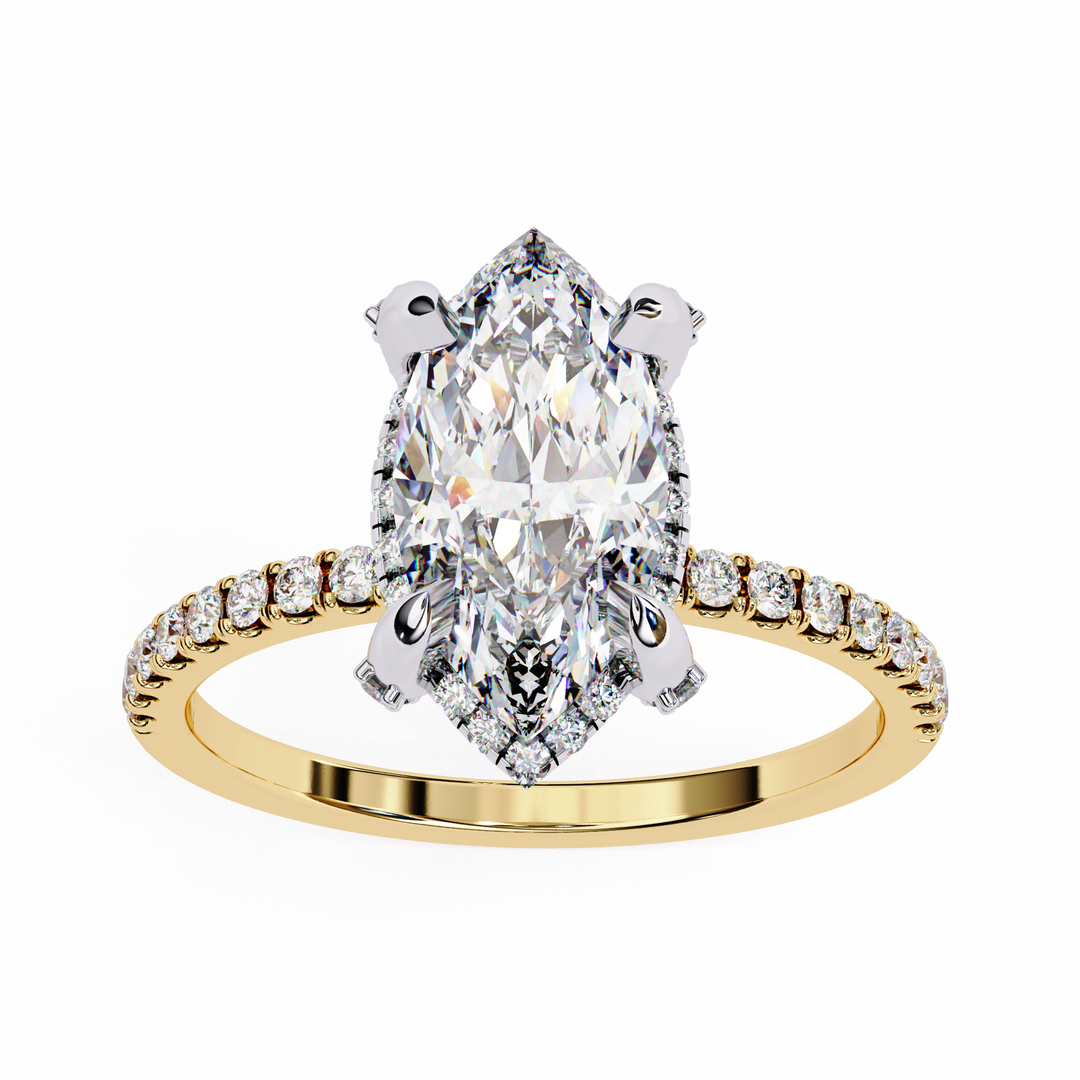 Marquise Cut Moissanite Engagement Ring, Hidden Halo Moissanite Ring, 18K Yellow Gold Pavé Band