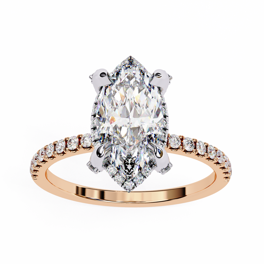 Marquise Cut Moissanite Engagement Ring, Hidden Halo Moissanite Ring, 18K Yellow Gold Pavé Band