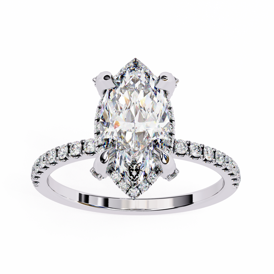 Marquise Cut Moissanite Engagement Ring, Hidden Halo Moissanite Ring, 18K Yellow Gold Pavé Band