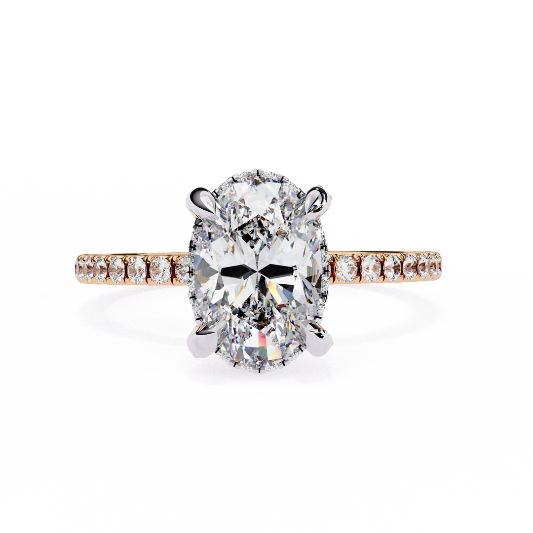 Oval Cut Lab Grown Diamond Engagement Ring, Hidden Halo Diamond Ring, 18K Rose Gold Pavé Band, Oval Solitaire Ring, Minimalist Luxury Bridal Ring