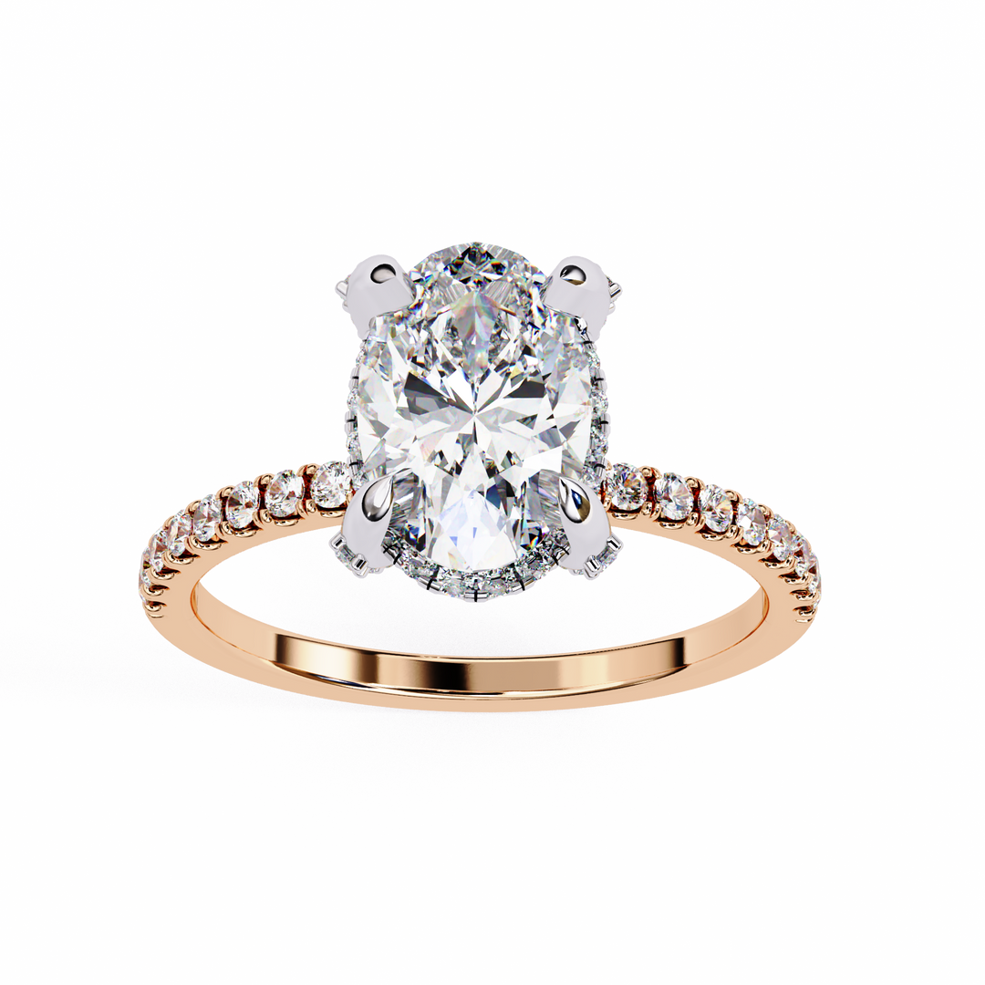 Oval Cut Lab Grown Diamond Engagement Ring, Hidden Halo Diamond Ring, 18K Rose Gold Pavé Band, Oval Solitaire Ring, Minimalist Luxury Bridal Ring