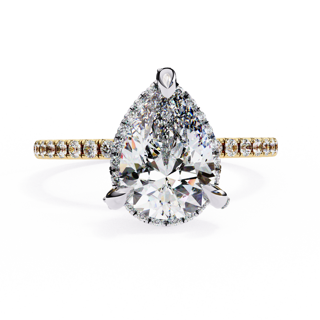 Pear Cut Lab Grown Diamond Engagement Ring, Hidden Halo Diamond Ring, 18K Yellow Gold Pavé Band, Teardrop Solitaire Ring, Luxury Bridal Ring