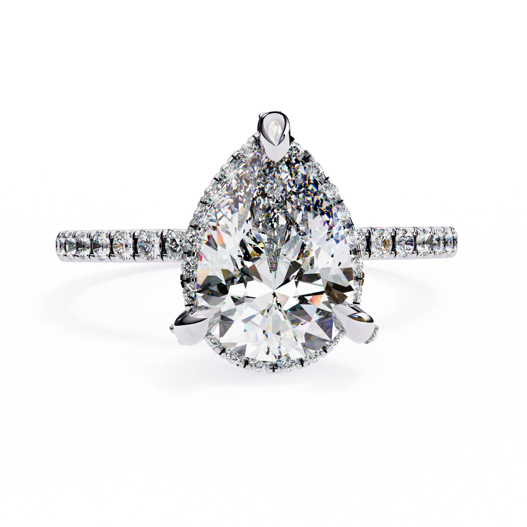 Pear Cut Lab Grown Diamond Engagement Ring, Hidden Halo Diamond Ring, 18K Yellow Gold Pavé Band, Teardrop Solitaire Ring, Luxury Bridal Ring