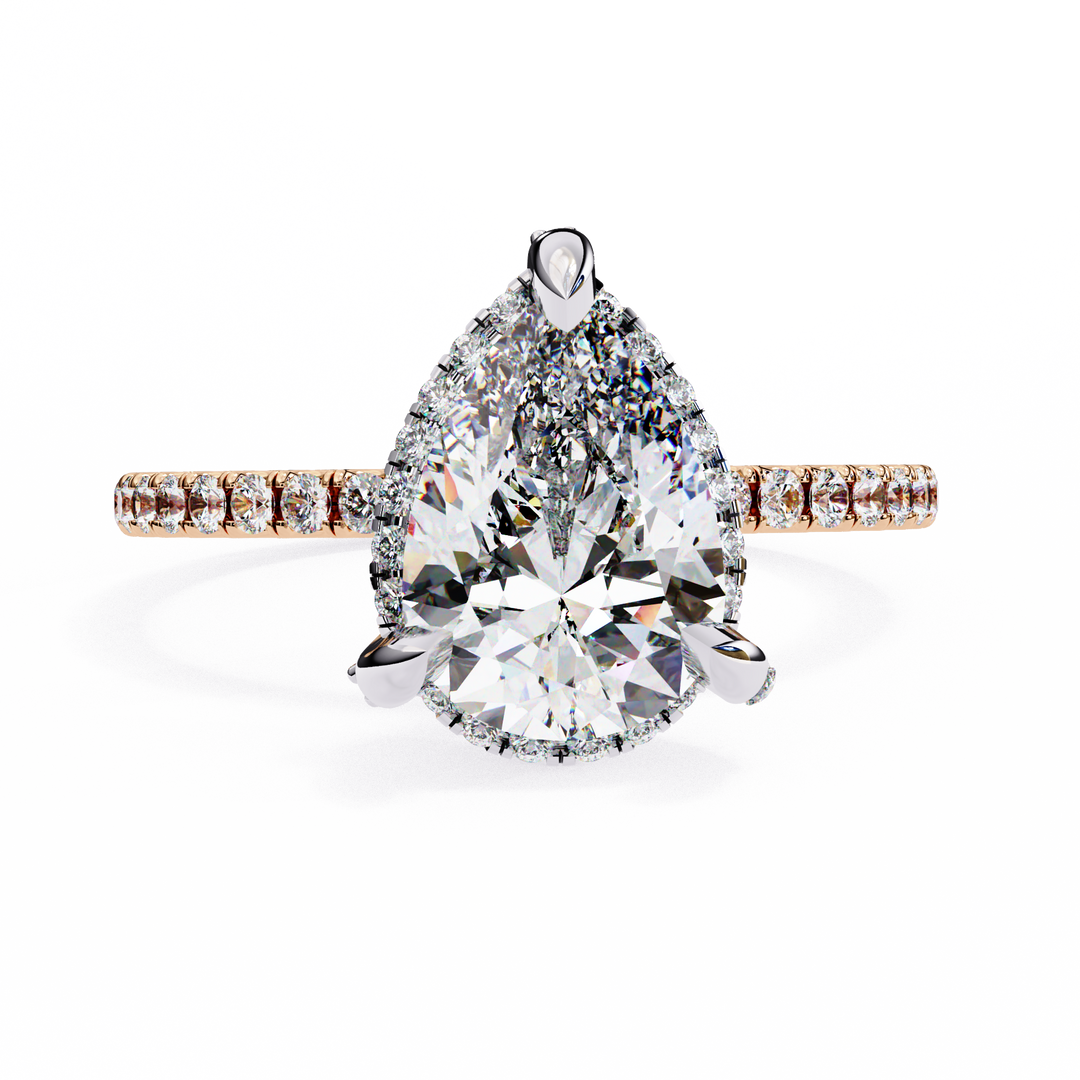 Pear Cut Lab Grown Diamond Engagement Ring, Hidden Halo Diamond Ring, 18K Yellow Gold Pavé Band, Teardrop Solitaire Ring, Luxury Bridal Ring