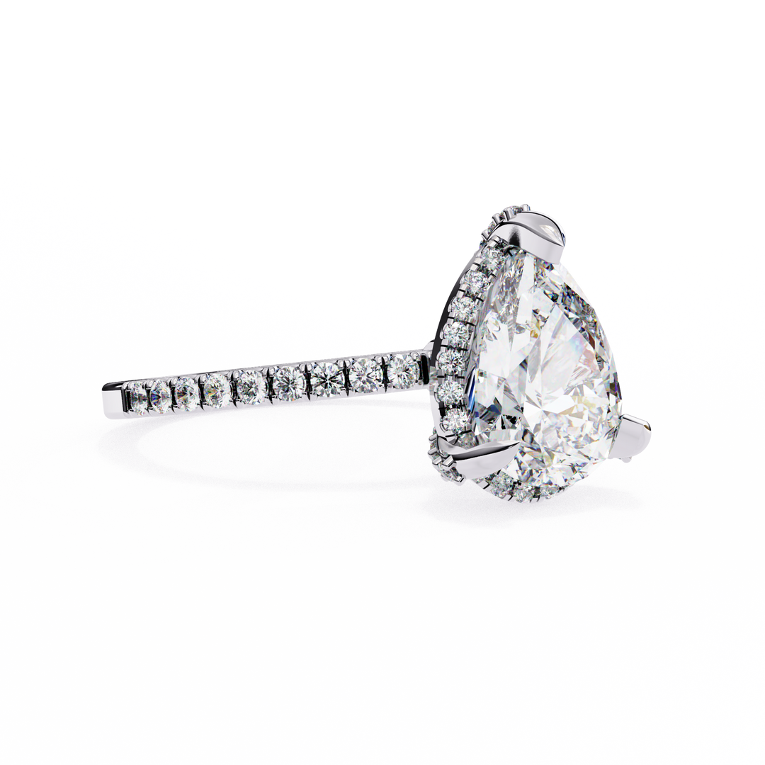 Pear Cut Lab Grown Diamond Engagement Ring, Hidden Halo Diamond Ring, 18K Yellow Gold Pavé Band, Teardrop Solitaire Ring, Luxury Bridal Ring