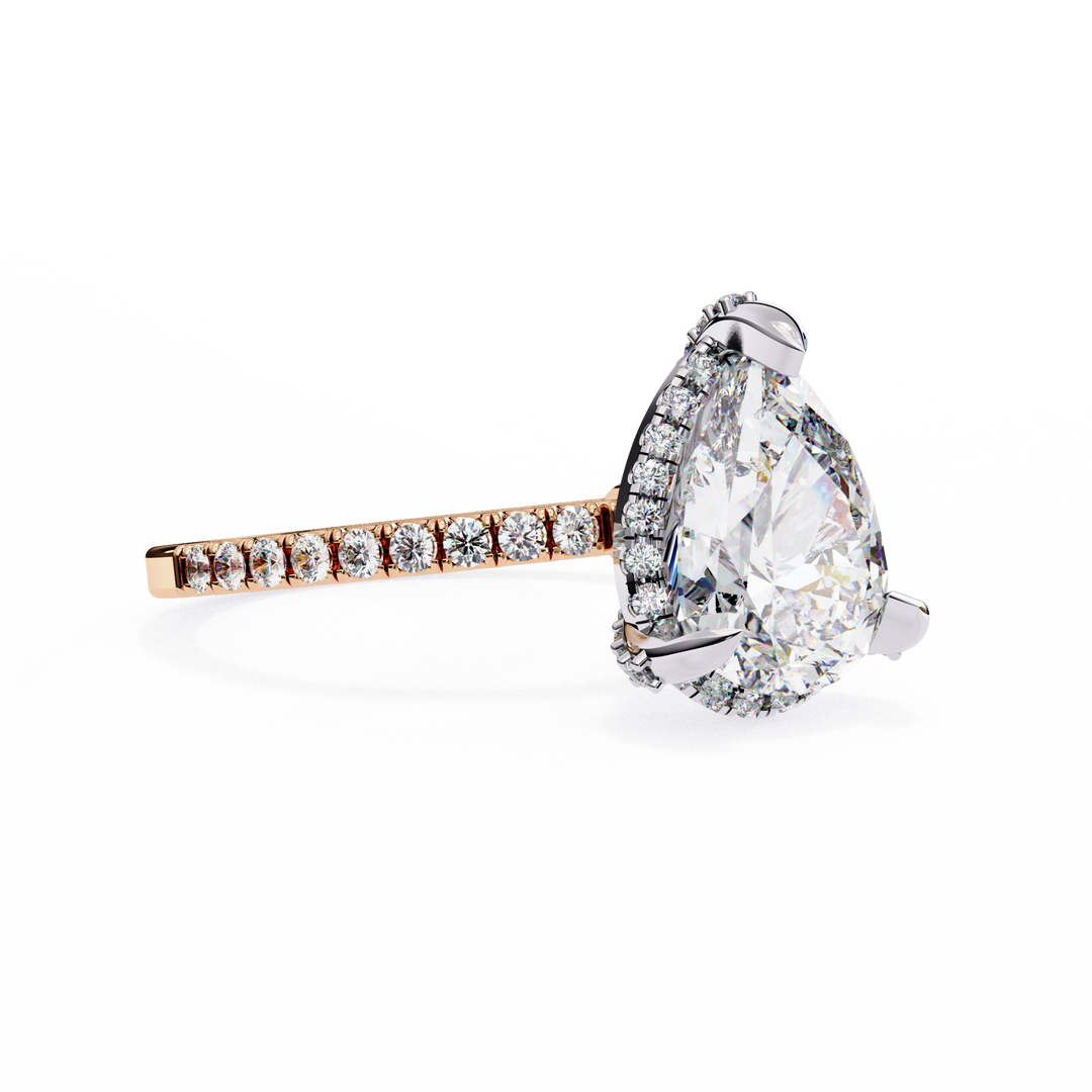 Pear Cut Lab Grown Diamond Engagement Ring, Hidden Halo Diamond Ring, 18K Yellow Gold Pavé Band, Teardrop Solitaire Ring, Luxury Bridal Ring
