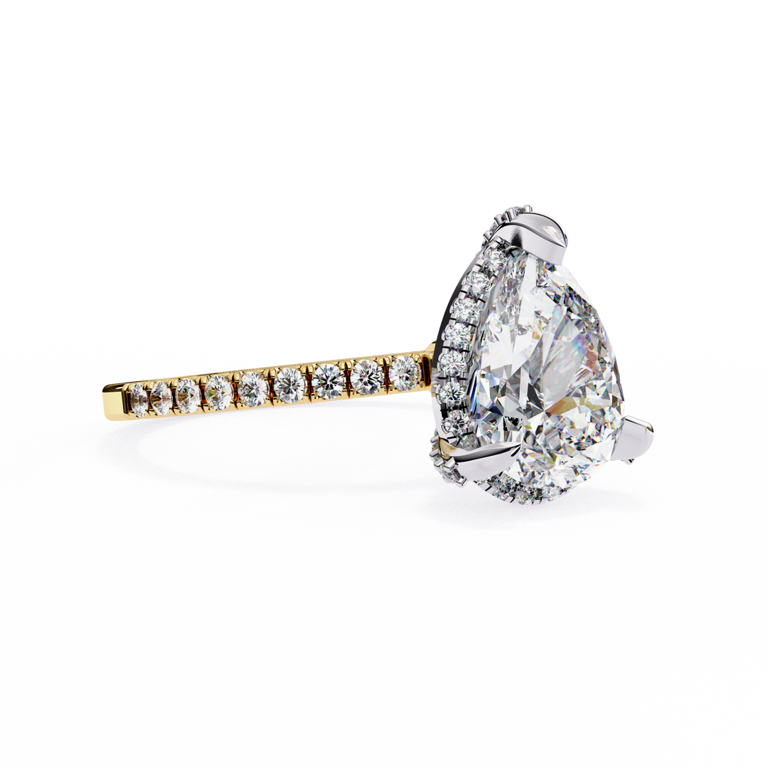 Pear Cut Lab Grown Diamond Engagement Ring, Hidden Halo Diamond Ring, 18K Yellow Gold Pavé Band, Teardrop Solitaire Ring, Luxury Bridal Ring