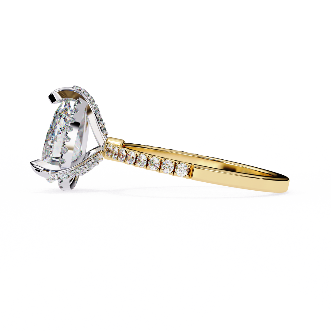 Pear Cut Lab Grown Diamond Engagement Ring, Hidden Halo Diamond Ring, 18K Yellow Gold Pavé Band, Teardrop Solitaire Ring, Luxury Bridal Ring