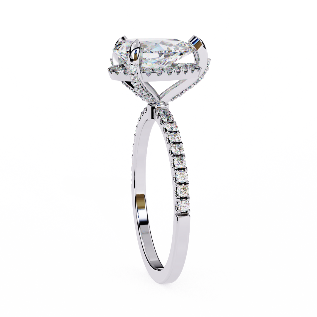 Pear Cut Lab Grown Diamond Engagement Ring, Hidden Halo Diamond Ring, 18K Yellow Gold Pavé Band, Teardrop Solitaire Ring, Luxury Bridal Ring