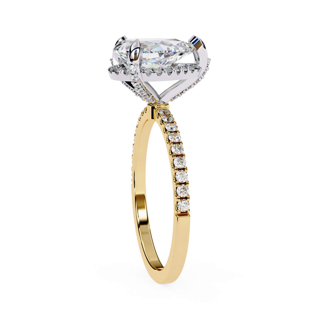 Pear Cut Lab Grown Diamond Engagement Ring, Hidden Halo Diamond Ring, 18K Yellow Gold Pavé Band, Teardrop Solitaire Ring, Luxury Bridal Ring